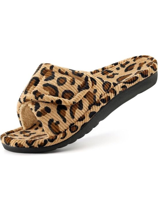 Shoes - Women's Leopard Orthopedic Arch Support Indoor Corduroy Open Toe Slipper Shoes